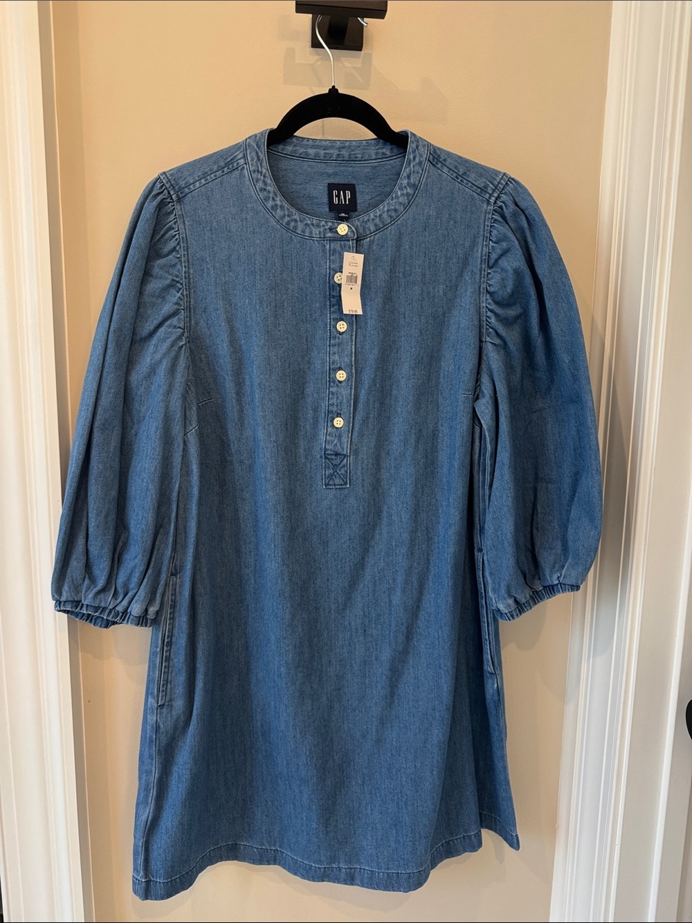 NWT-GAP Blue Denim Button-Front Tunic Dress with Puff Sleeves